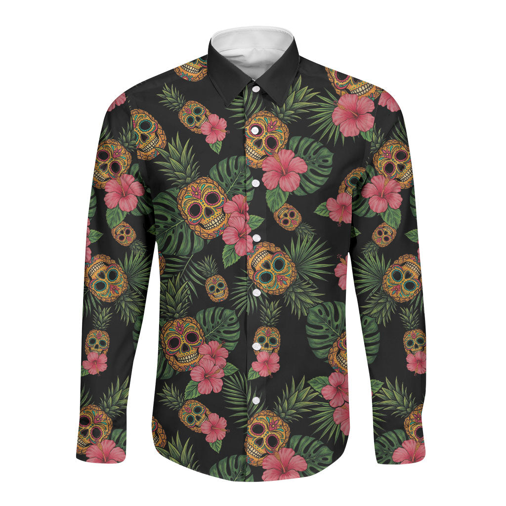 Tropical Calavera Hawaiian Long Sleeve Button Shirt Sugar Skull Pineapple Hibiscus Floral
