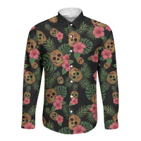Tropical Calavera Hawaiian Long Sleeve Button Shirt Sugar Skull Pineapple Hibiscus Floral