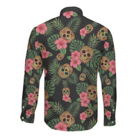 Tropical Calavera Hawaiian Long Sleeve Button Shirt Sugar Skull Pineapple Hibiscus Floral
