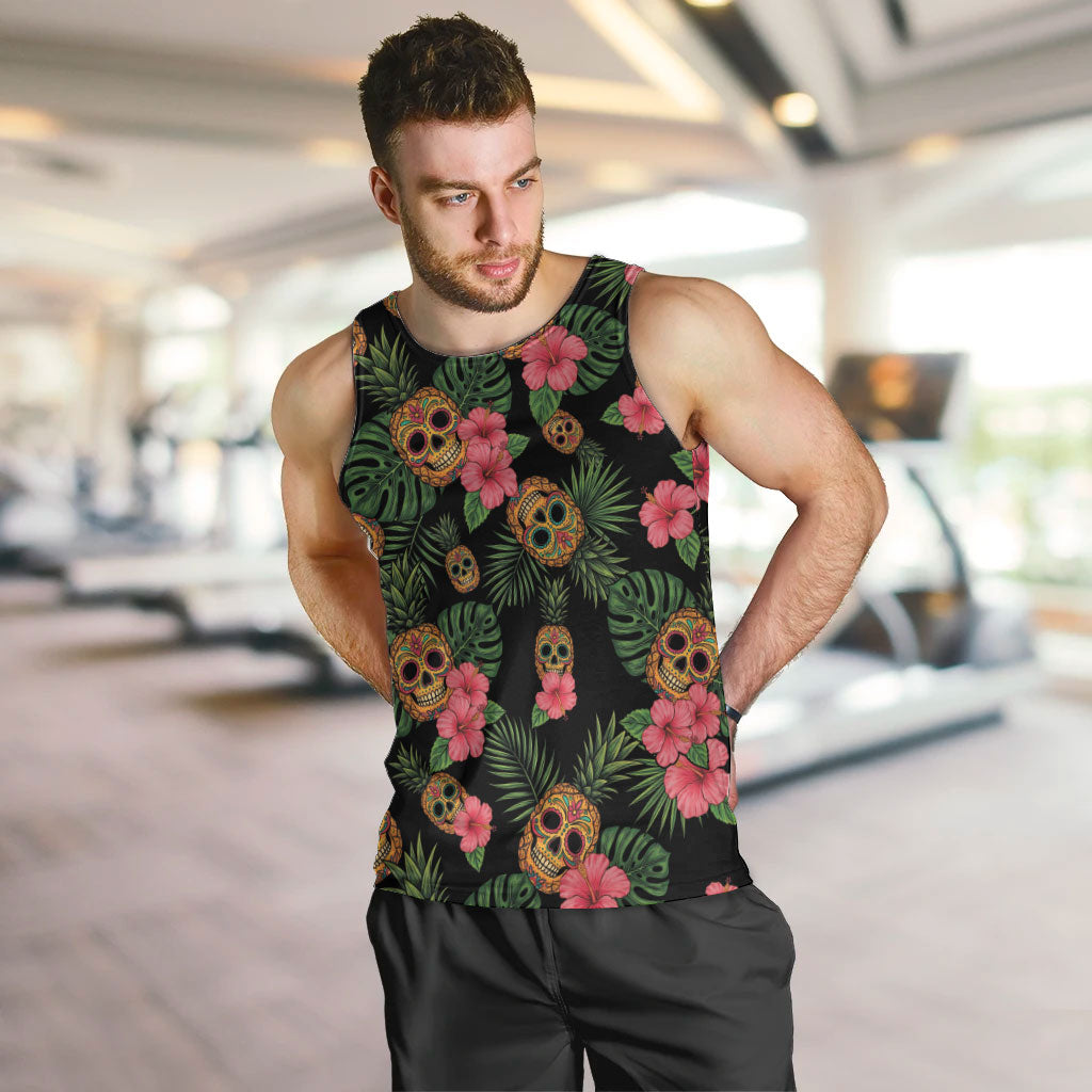 Tropical Calavera Hawaiian Men Tank Top Sugar Skull Pineapple Hibiscus Floral