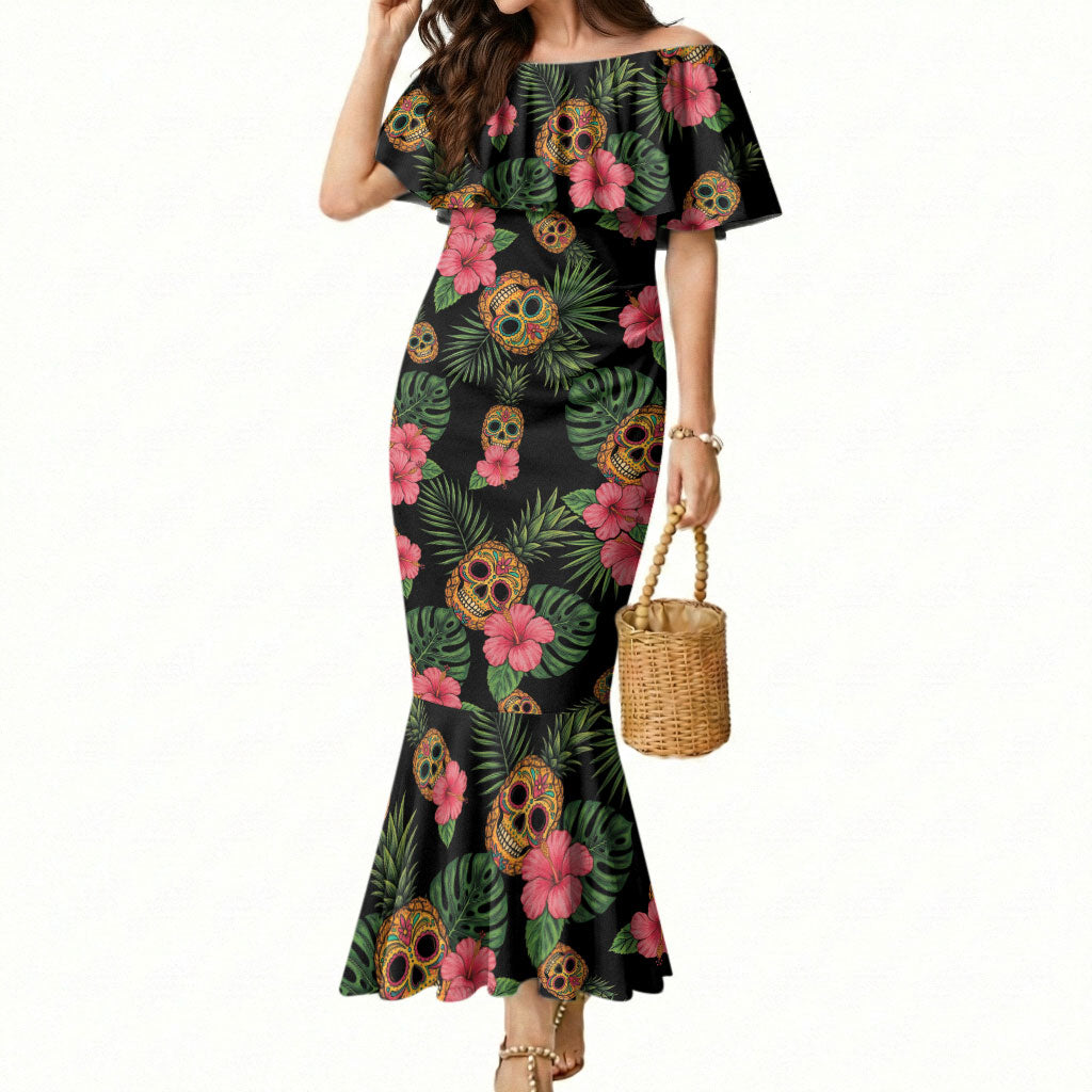 Tropical Calavera Hawaiian Mermaid Dress Sugar Skull Pineapple Hibiscus Floral