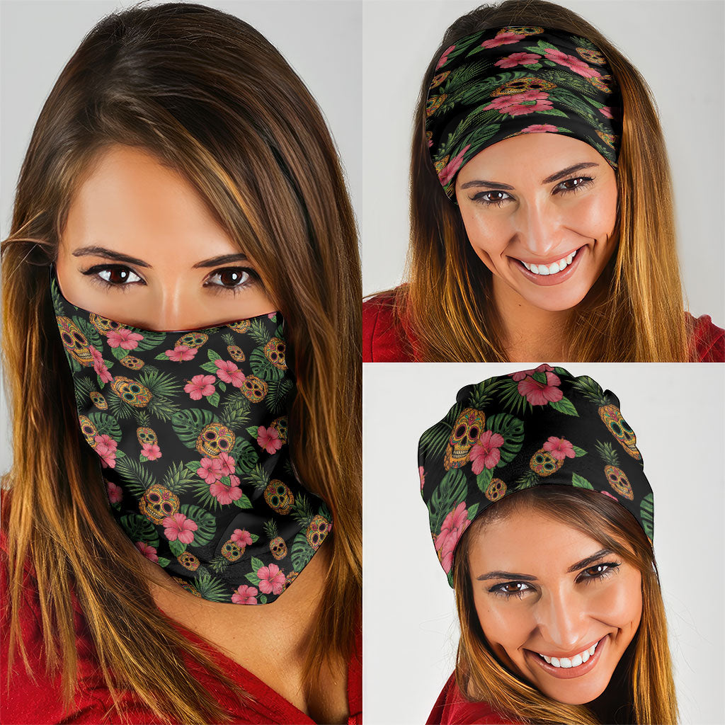 Tropical Calavera Hawaiian Neck Gaiter Sugar Skull Pineapple Hibiscus Floral