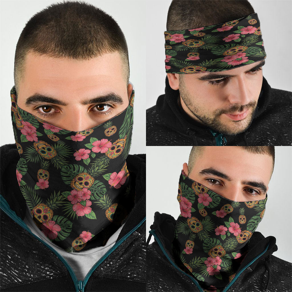 Tropical Calavera Hawaiian Neck Gaiter Sugar Skull Pineapple Hibiscus Floral