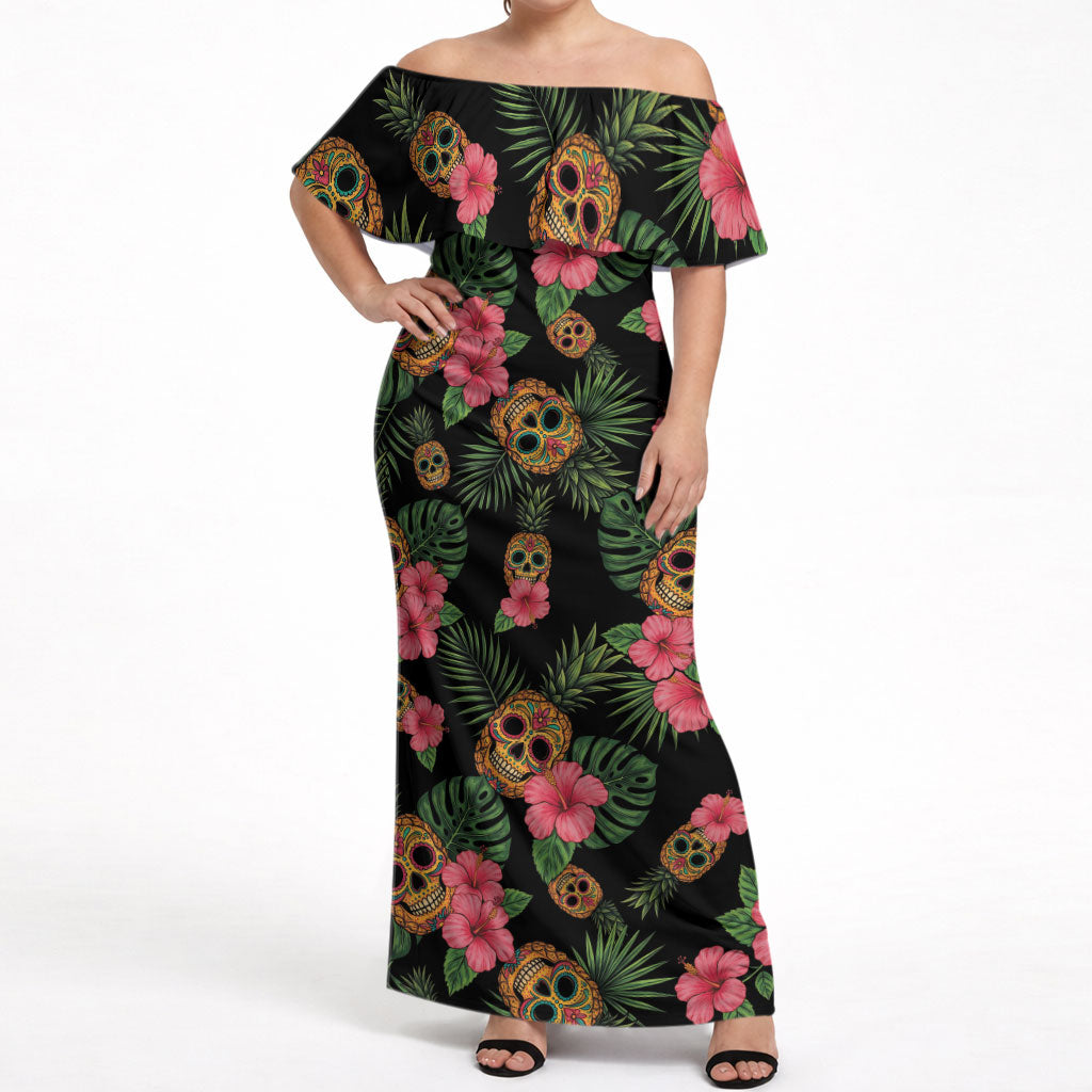 Tropical Calavera Hawaiian Off Shoulder Maxi Dress Sugar Skull Pineapple Hibiscus Floral