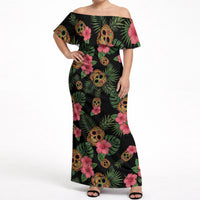 Tropical Calavera Hawaiian Off Shoulder Maxi Dress Sugar Skull Pineapple Hibiscus Floral