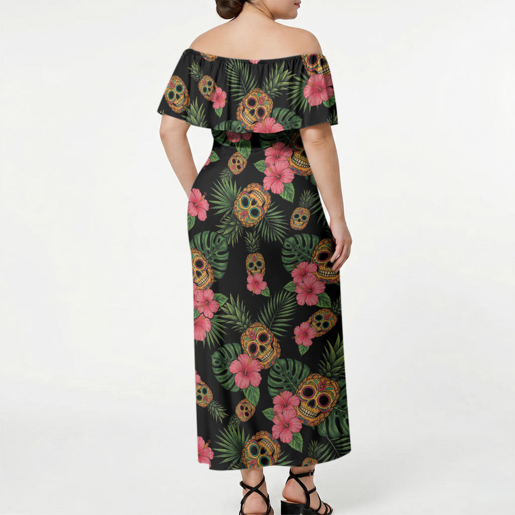 Tropical Calavera Hawaiian Off Shoulder Maxi Dress Sugar Skull Pineapple Hibiscus Floral