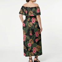 Tropical Calavera Hawaiian Off Shoulder Maxi Dress Sugar Skull Pineapple Hibiscus Floral