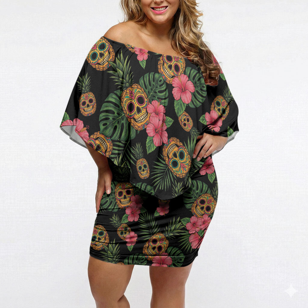 Tropical Calavera Hawaiian Off Shoulder Short Dress Sugar Skull Pineapple Hibiscus Floral