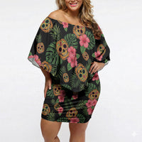 Tropical Calavera Hawaiian Off Shoulder Short Dress Sugar Skull Pineapple Hibiscus Floral DT05 Women Black - Polynesian Pride