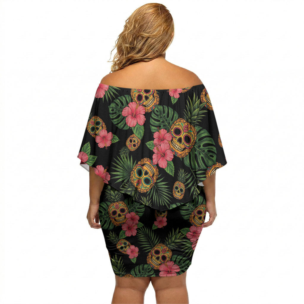 Tropical Calavera Hawaiian Off Shoulder Short Dress Sugar Skull Pineapple Hibiscus Floral DT05 - Polynesian Pride