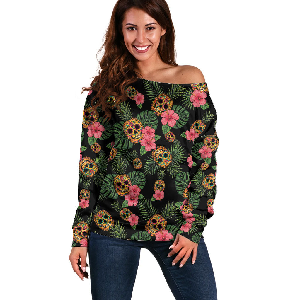 Tropical Calavera Hawaiian Off Shoulder Sweater Sugar Skull Pineapple Hibiscus Floral