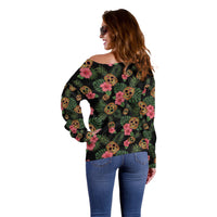 Tropical Calavera Hawaiian Off Shoulder Sweater Sugar Skull Pineapple Hibiscus Floral