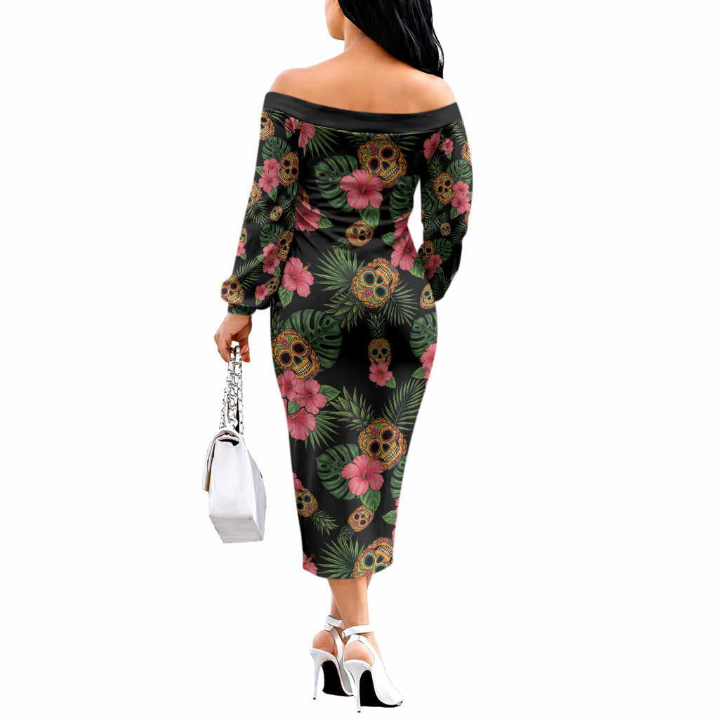 Tropical Calavera Hawaiian Off The Shoulder Long Sleeve Dress Sugar Skull Pineapple Hibiscus Floral DT05 - Polynesian Pride