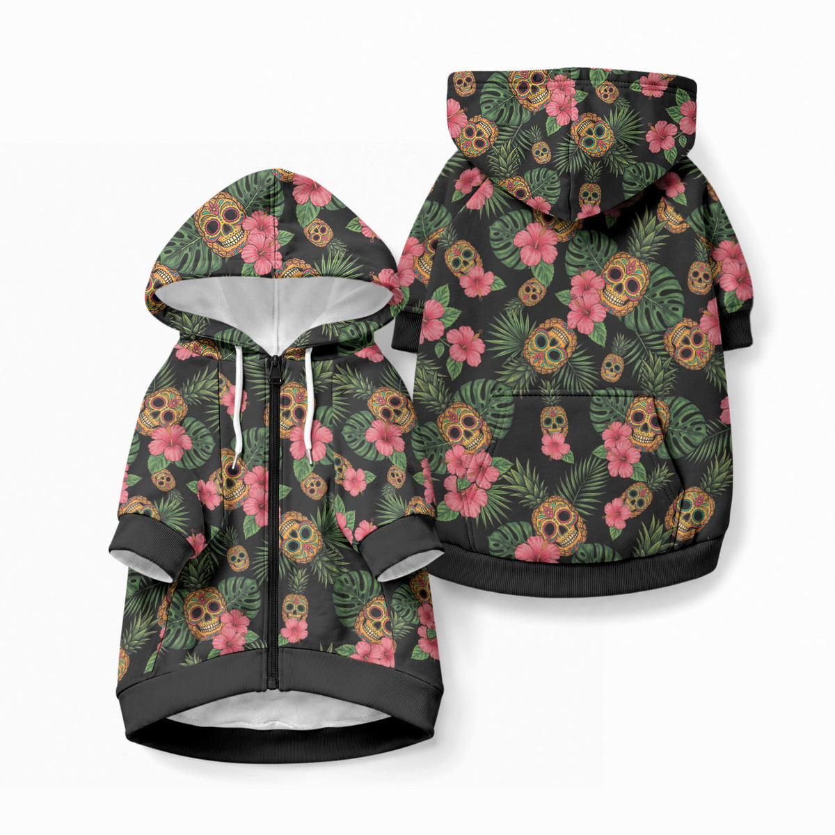 Tropical Calavera Hawaiian Pet Hoodie Sugar Skull Pineapple Hibiscus Floral DT05 Zip-up Black - Polynesian Pride