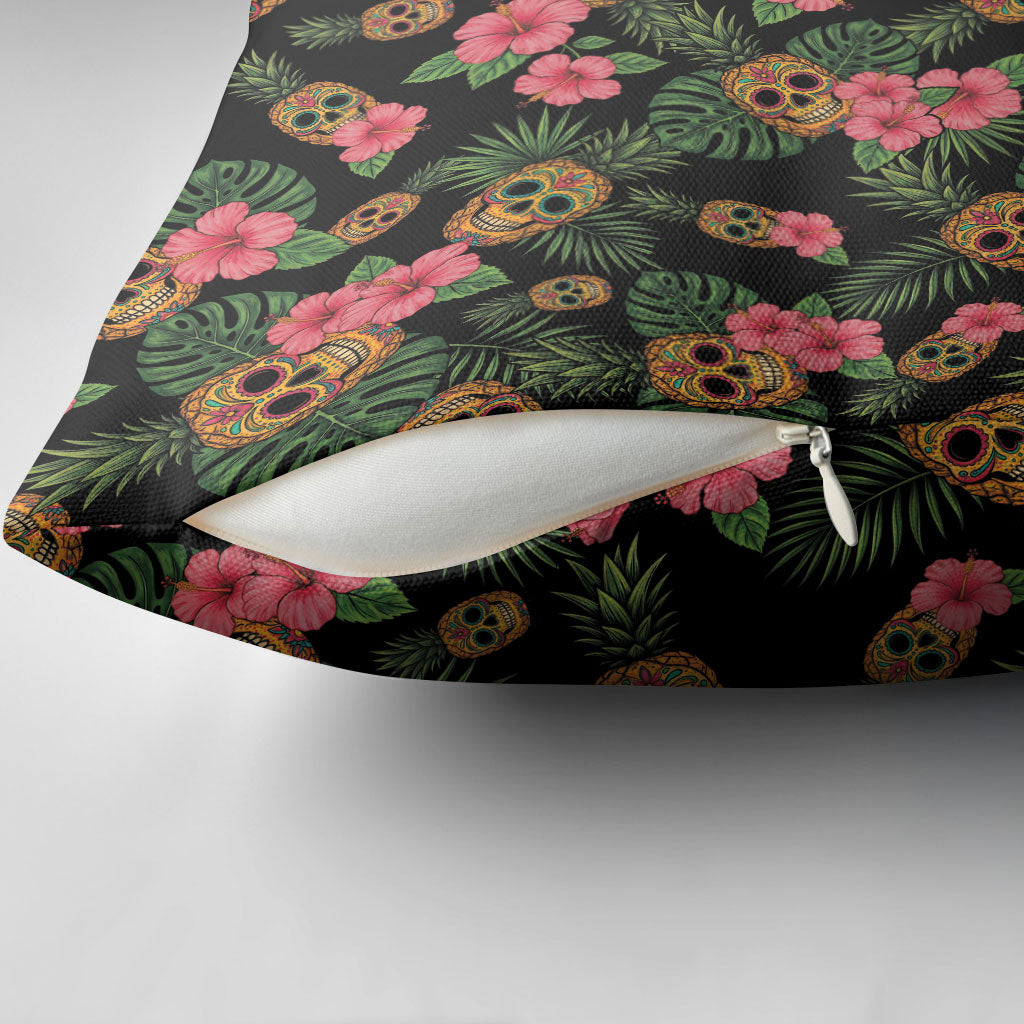 Tropical Calavera Hawaiian Pillow Cover Sugar Skull Pineapple Hibiscus Floral