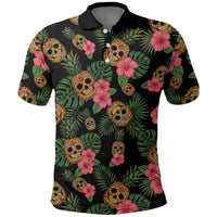 Tropical Calavera Hawaiian Polo Shirt Sugar Skull Pineapple Hibiscus Floral