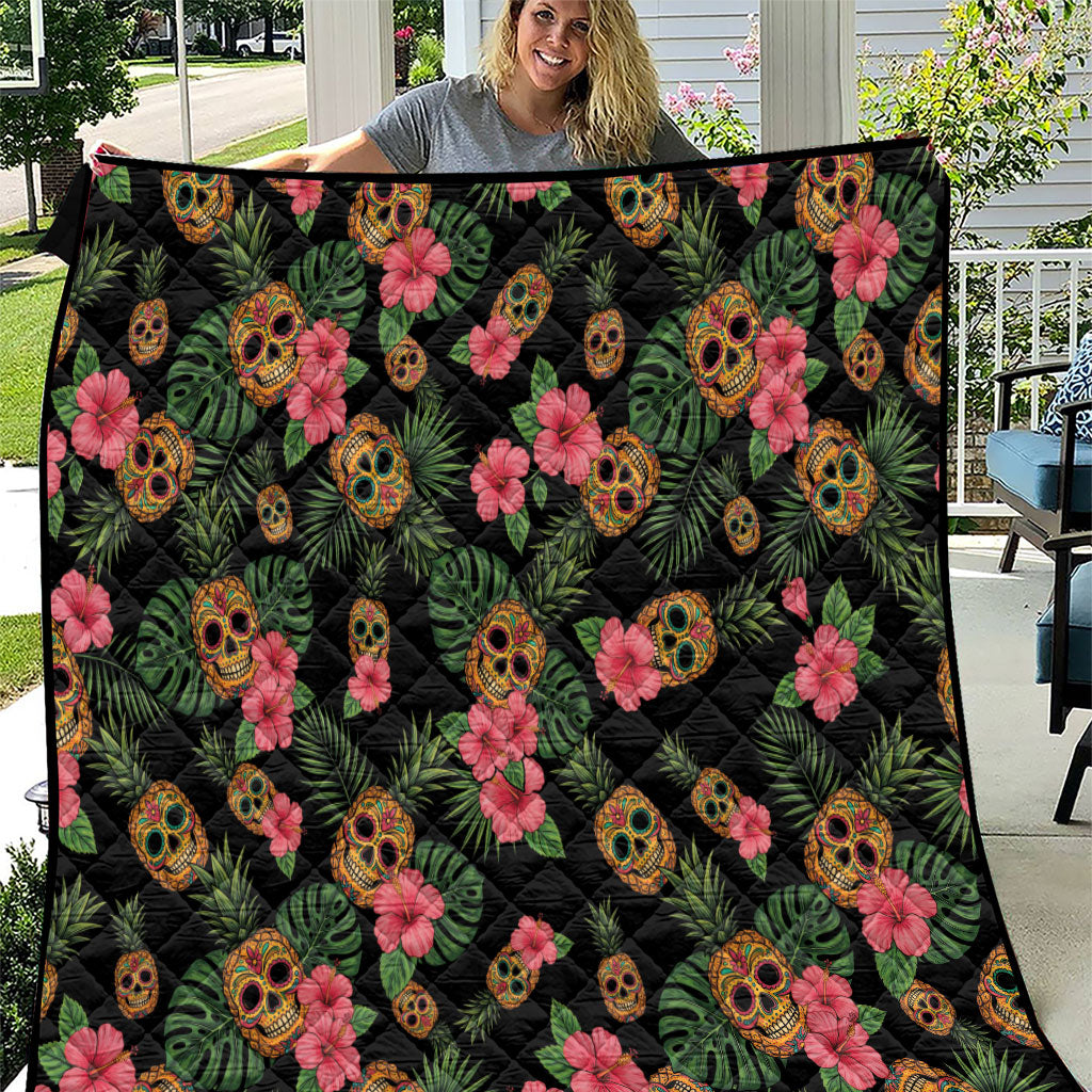Tropical Calavera Hawaiian Quilt Sugar Skull Pineapple Hibiscus Floral