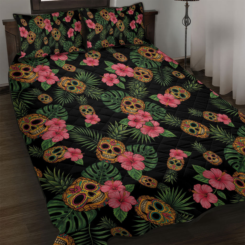 Tropical Calavera Hawaiian Quilt Bed Set Sugar Skull Pineapple Hibiscus Floral DT05 Black - Polynesian Pride