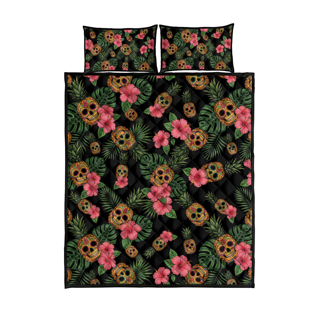 Tropical Calavera Hawaiian Quilt Bed Set Sugar Skull Pineapple Hibiscus Floral