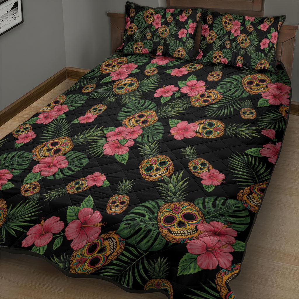 Tropical Calavera Hawaiian Quilt Bed Set Sugar Skull Pineapple Hibiscus Floral
