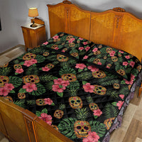 Tropical Calavera Hawaiian Quilt Bed Set Sugar Skull Pineapple Hibiscus Floral