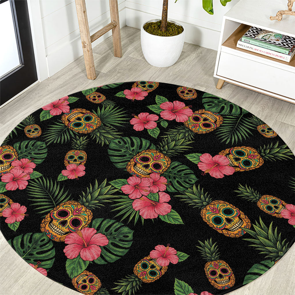 Tropical Calavera Hawaiian Round Carpet Sugar Skull Pineapple Hibiscus Floral DT05 Black - Polynesian Pride