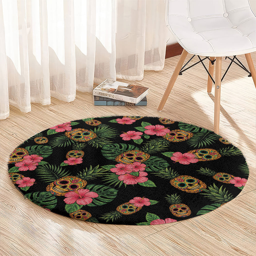 Tropical Calavera Hawaiian Round Carpet Sugar Skull Pineapple Hibiscus Floral