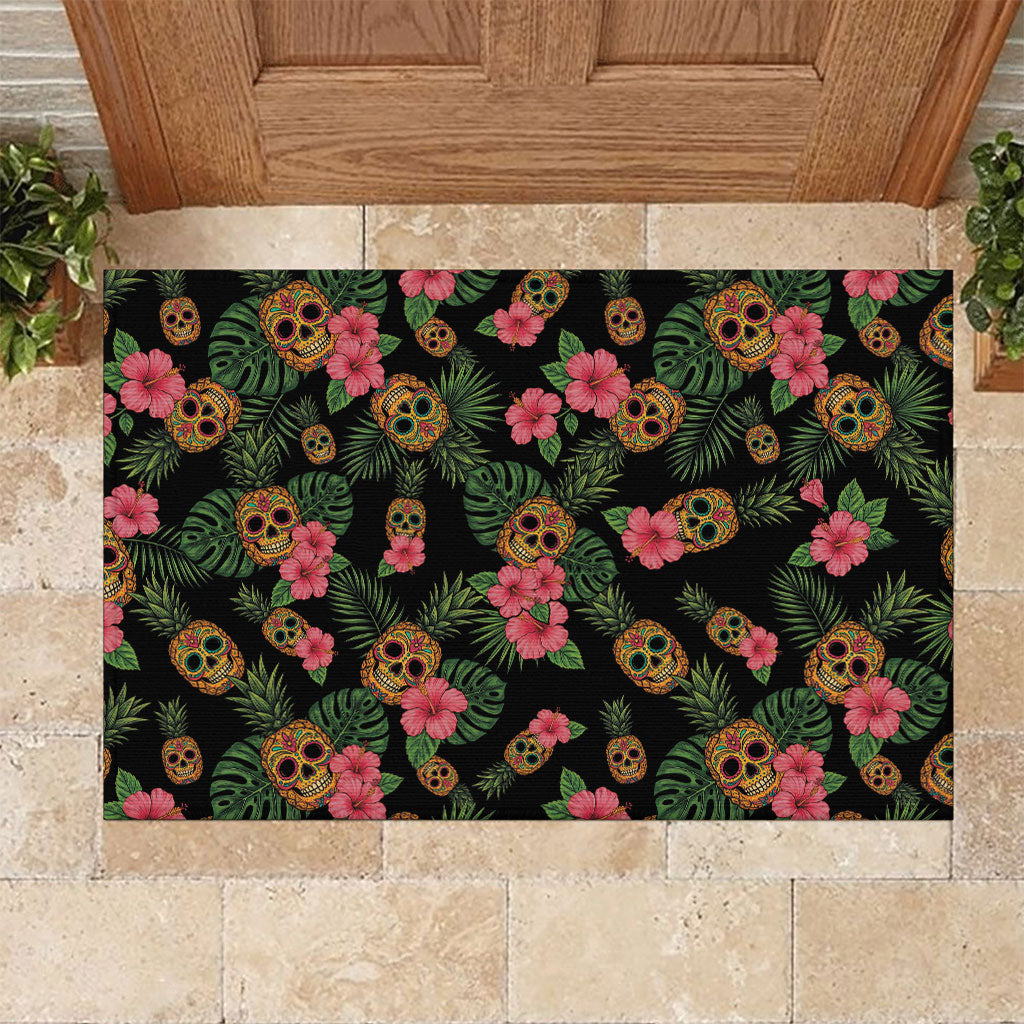 Tropical Calavera Hawaiian Rubber Doormat Sugar Skull Pineapple Hibiscus Floral DT05 Black - Polynesian Pride