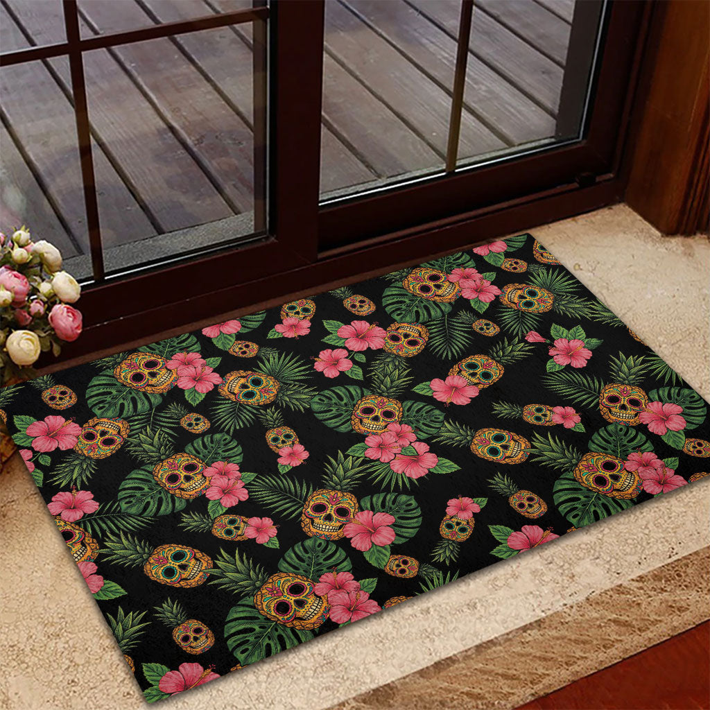 Tropical Calavera Hawaiian Rubber Doormat Sugar Skull Pineapple Hibiscus Floral