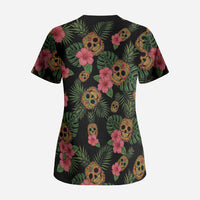 Tropical Calavera Hawaiian Scrub Top Sugar Skull Pineapple Hibiscus Floral