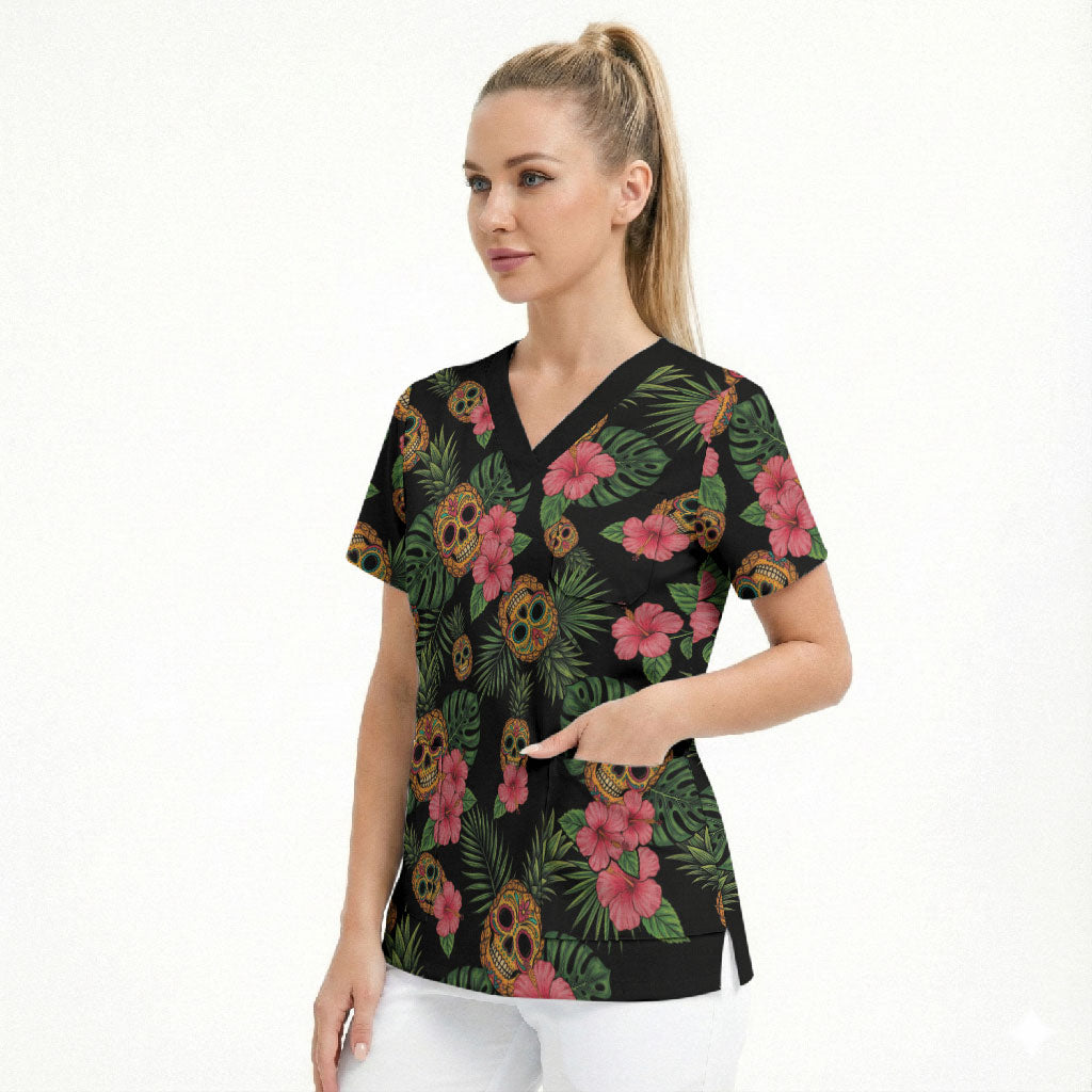 Tropical Calavera Hawaiian Scrub Top Sugar Skull Pineapple Hibiscus Floral