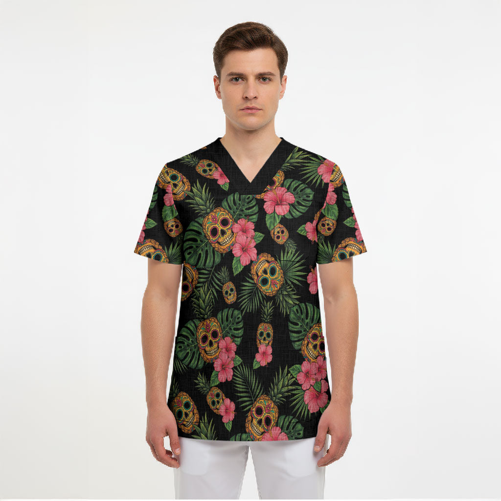 Tropical Calavera Hawaiian Scrub Top Sugar Skull Pineapple Hibiscus Floral