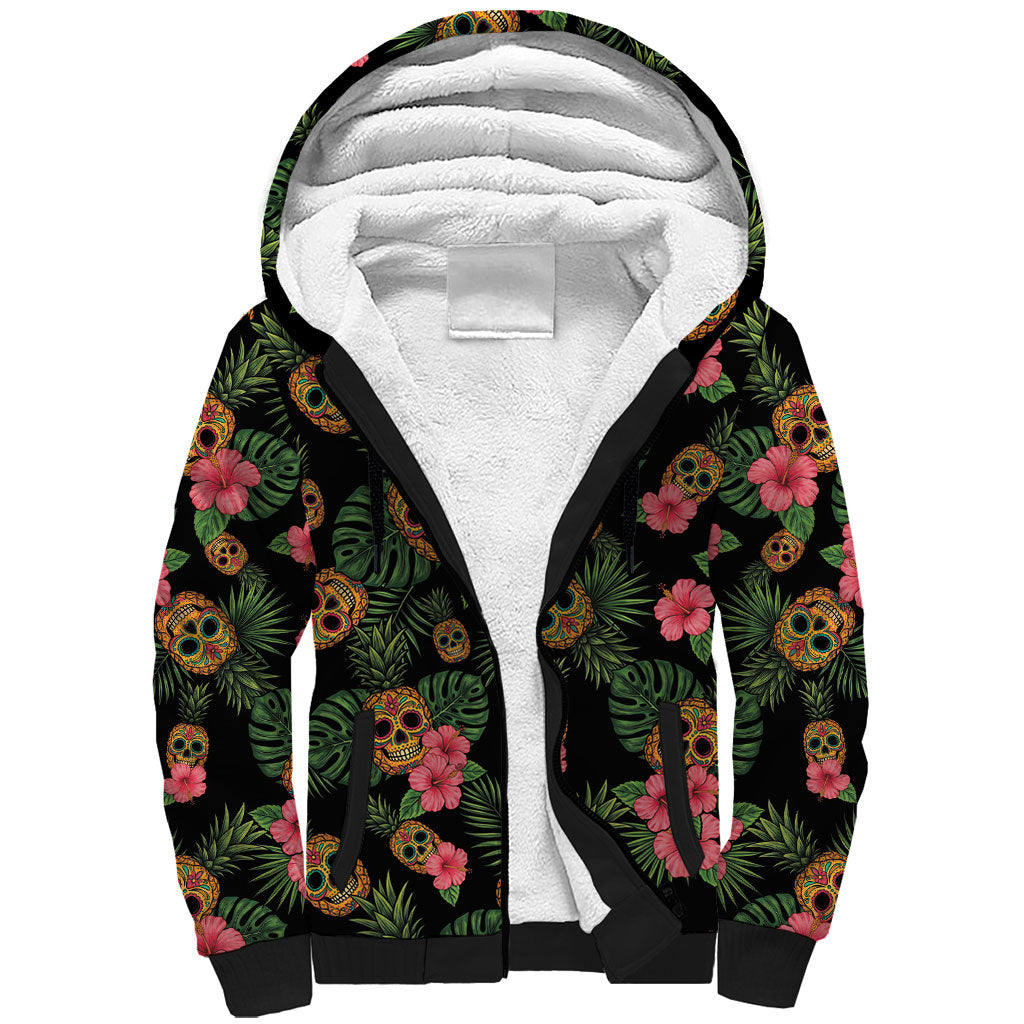 Tropical Calavera Hawaiian Sherpa Hoodie Sugar Skull Pineapple Hibiscus Floral DT05 Unisex Black - Polynesian Pride