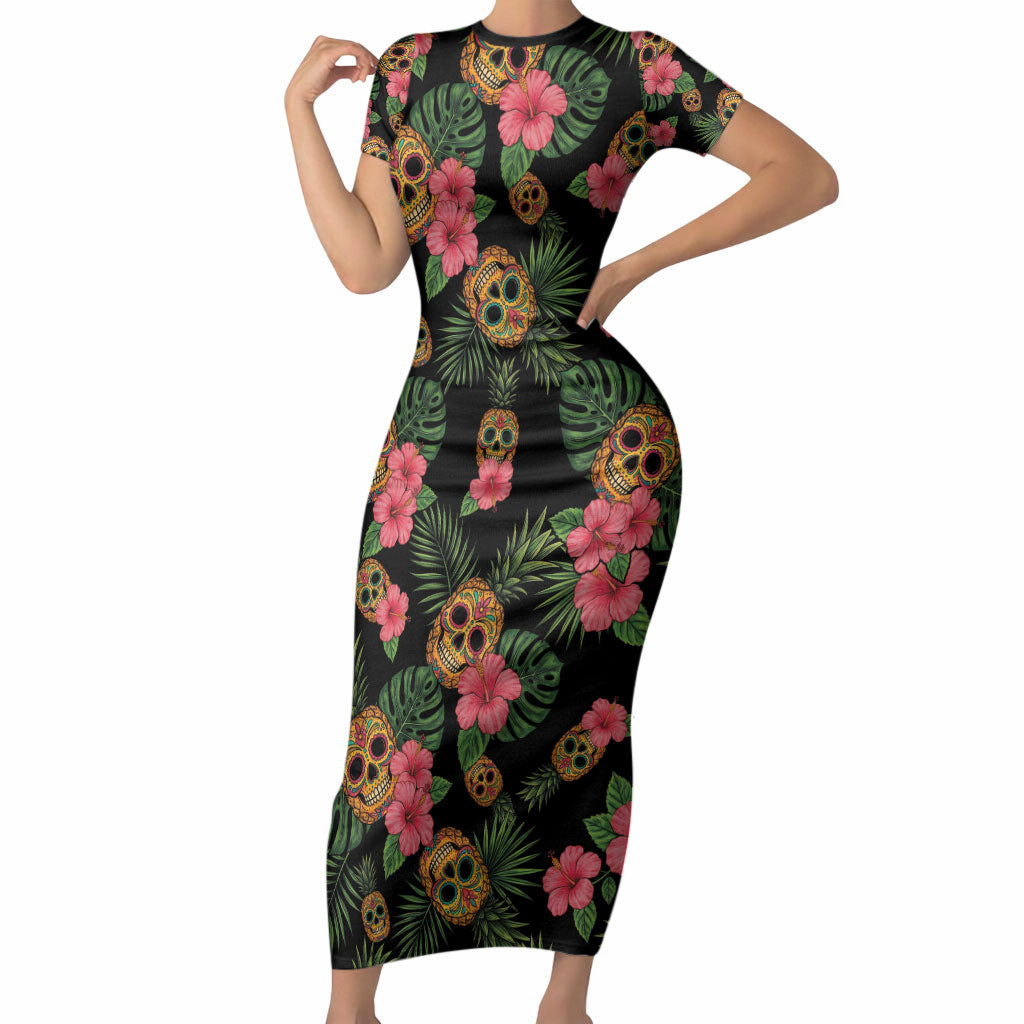 Tropical Calavera Hawaiian Short Sleeve Bodycon Dress Sugar Skull Pineapple Hibiscus Floral DT05 Long Dress Black - Polynesian Pride