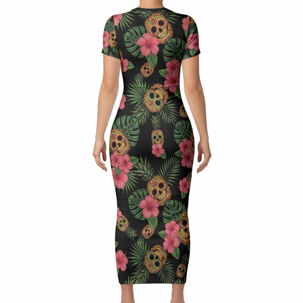 Tropical Calavera Hawaiian Short Sleeve Bodycon Dress Sugar Skull Pineapple Hibiscus Floral DT05 - Polynesian Pride