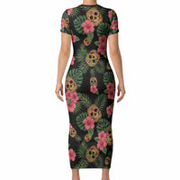 Tropical Calavera Hawaiian Short Sleeve Bodycon Dress Sugar Skull Pineapple Hibiscus Floral DT05 - Polynesian Pride