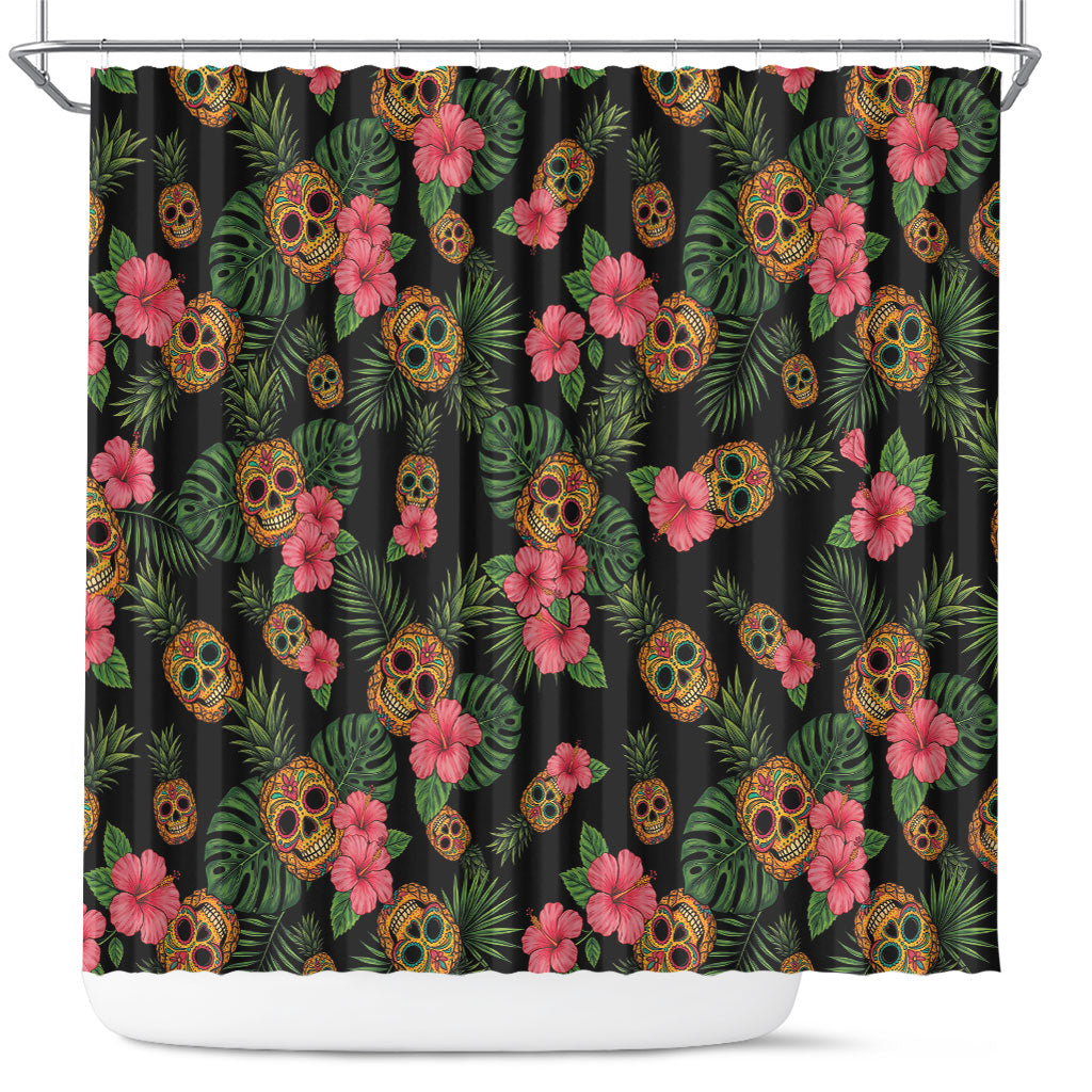 Tropical Calavera Hawaiian Shower Curtain Sugar Skull Pineapple Hibiscus Floral