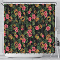 Tropical Calavera Hawaiian Shower Curtain Sugar Skull Pineapple Hibiscus Floral