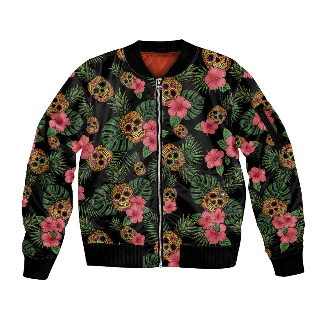 Tropical Calavera Hawaiian Sleeve Zip Bomber Jacket Sugar Skull Pineapple Hibiscus Floral DT05 Unisex Black - Polynesian Pride