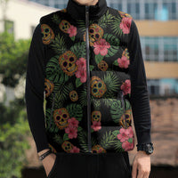 Tropical Calavera Hawaiian Sleeveless Puffer Jacket Sugar Skull Pineapple Hibiscus Floral