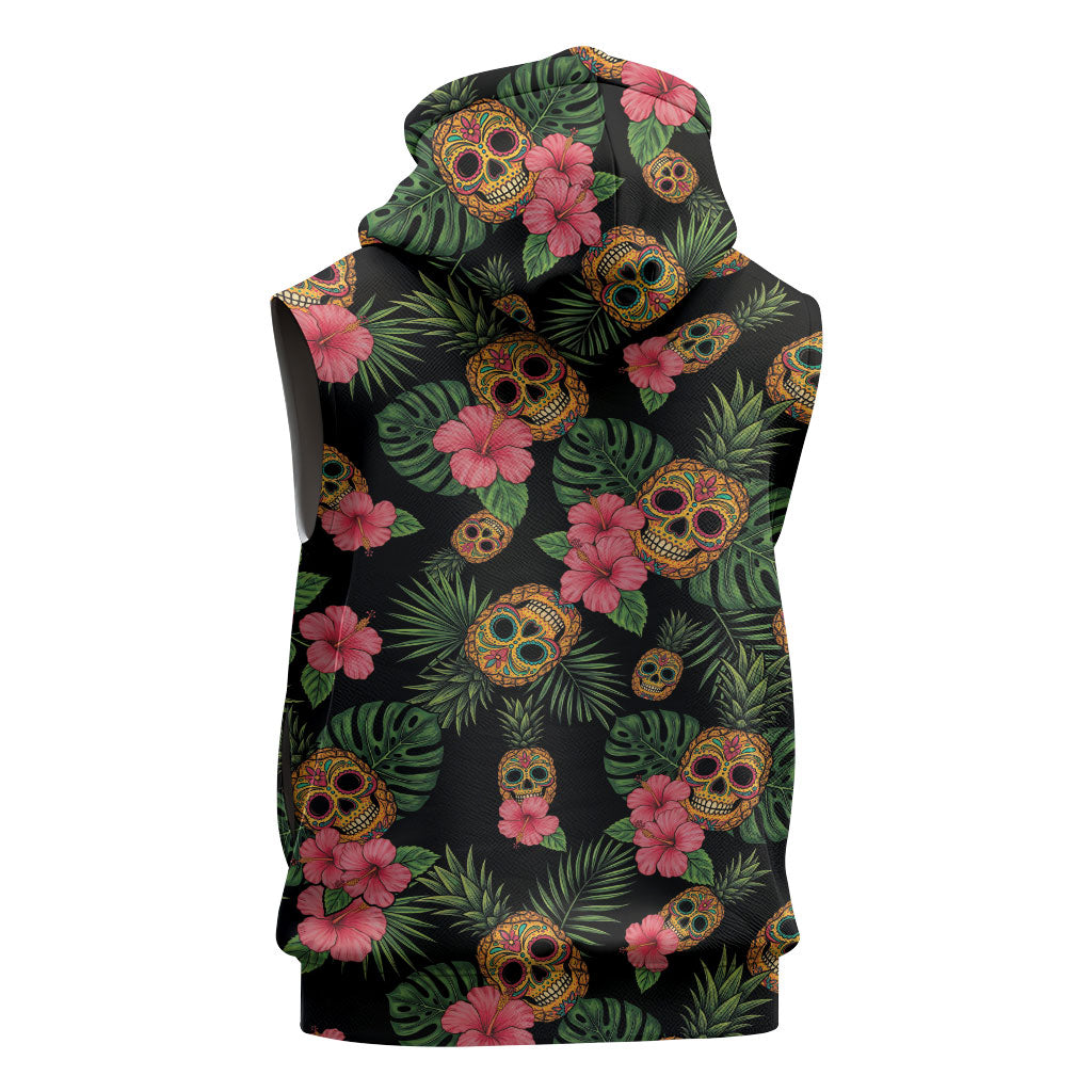 Tropical Calavera Hawaiian Sleeveless Zip Hoodie Sugar Skull Pineapple Hibiscus Floral DT05 - Polynesian Pride