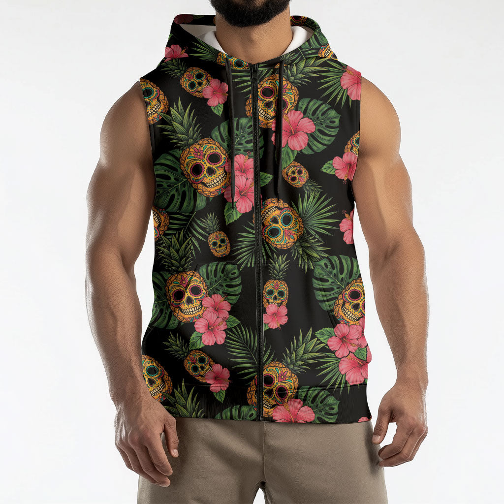 Tropical Calavera Hawaiian Sleeveless Zip Hoodie Sugar Skull Pineapple Hibiscus Floral DT05 - Polynesian Pride