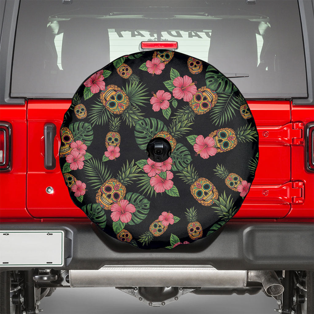 Tropical Calavera Hawaiian Spare Tire Cover Sugar Skull Pineapple Hibiscus Floral DT05 - Polynesian Pride