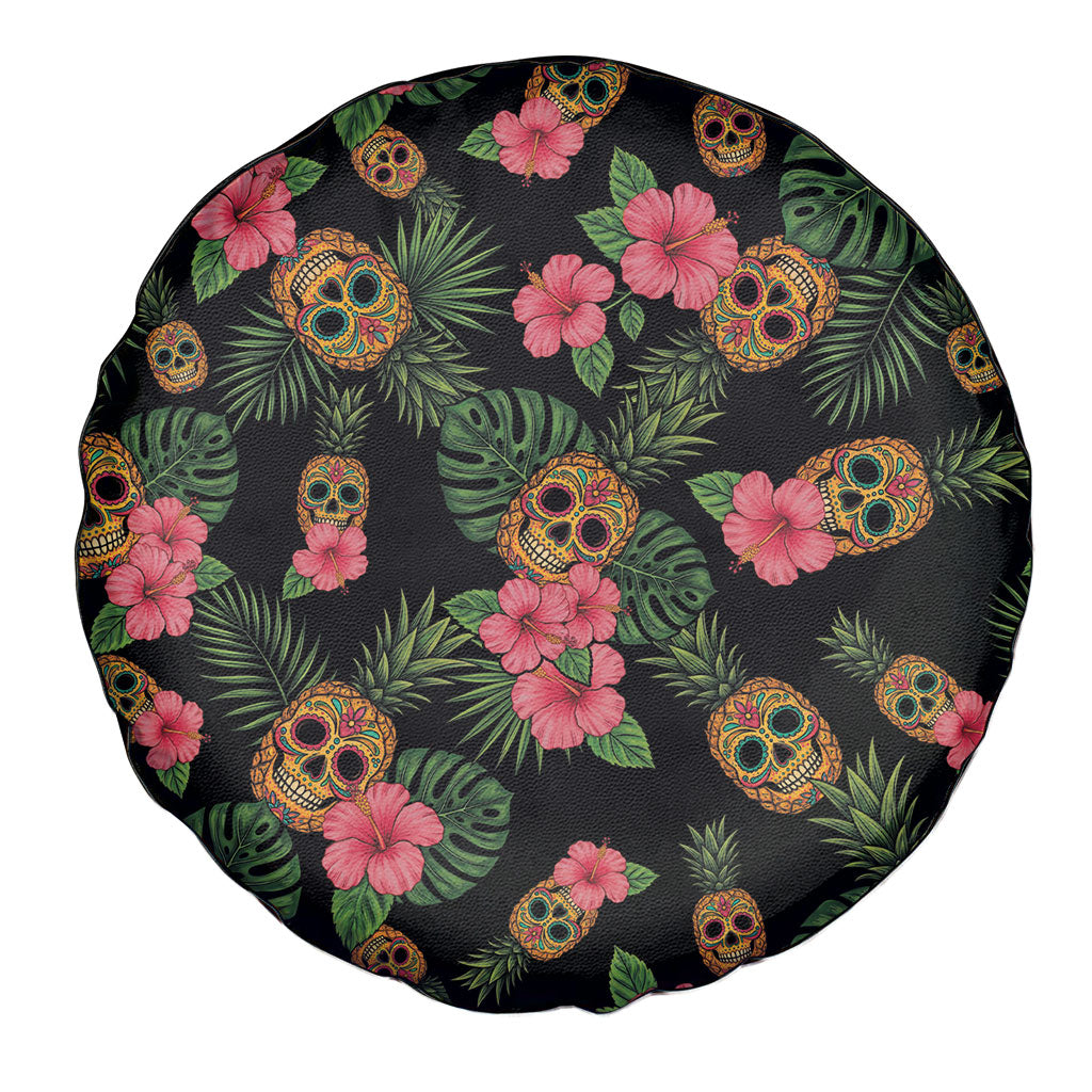 Tropical Calavera Hawaiian Spare Tire Cover Sugar Skull Pineapple Hibiscus Floral DT05 - Polynesian Pride