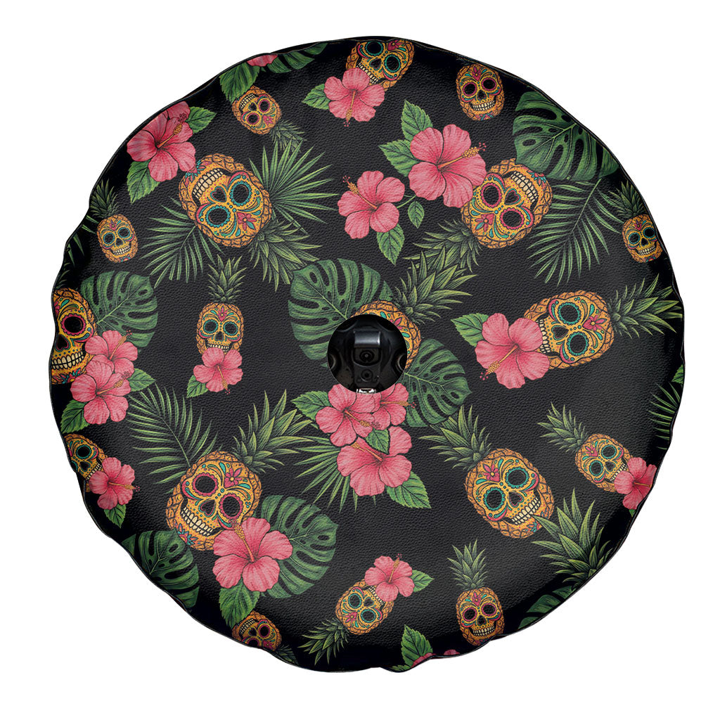 Tropical Calavera Hawaiian Spare Tire Cover Sugar Skull Pineapple Hibiscus Floral DT05 - Polynesian Pride