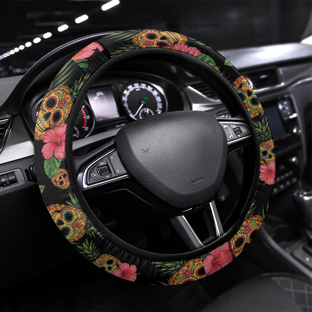 Tropical Calavera Hawaiian Steering Wheel Cover Sugar Skull Pineapple Hibiscus Floral DT05 Universal Fit Black - Polynesian Pride