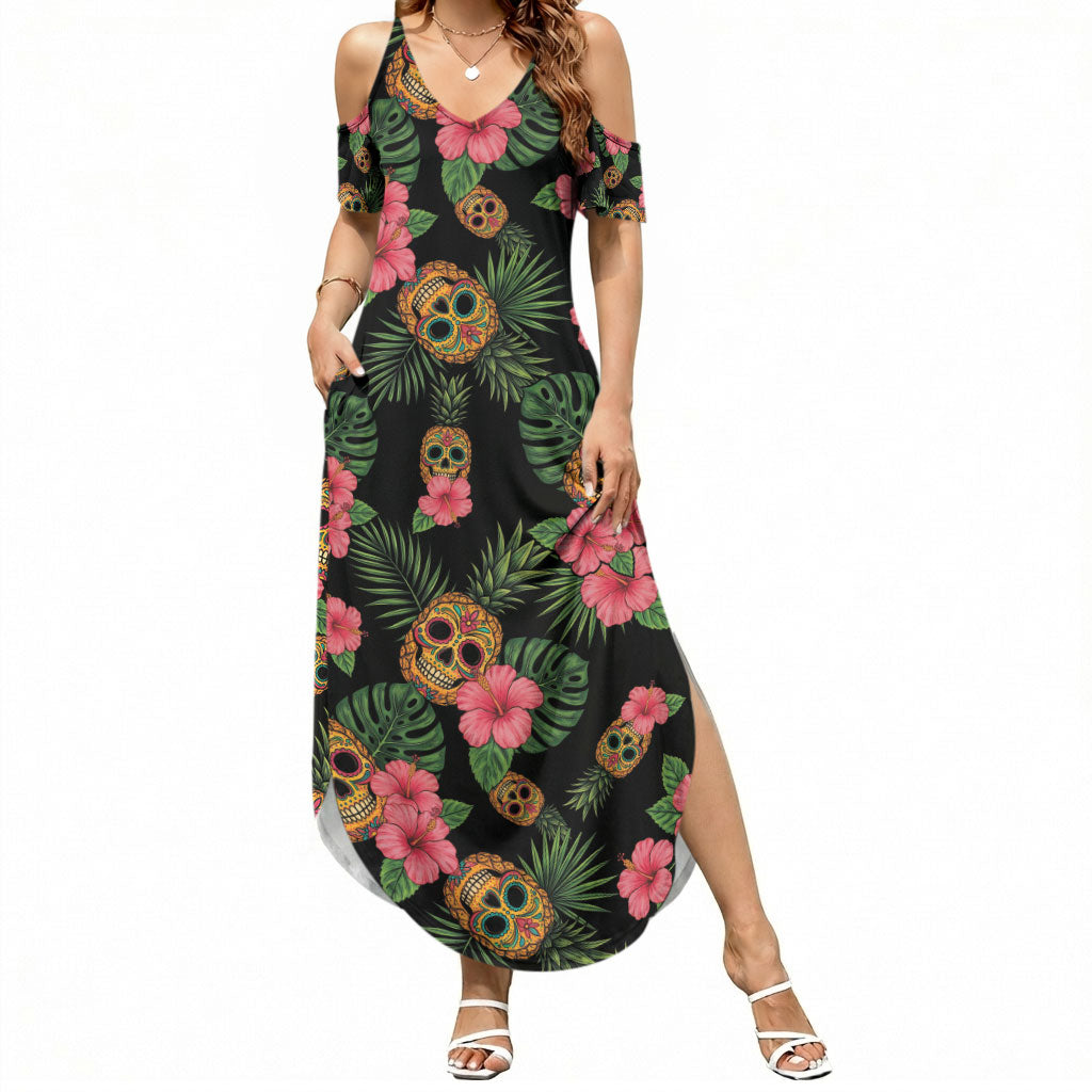 Tropical Calavera Hawaiian Summer Maxi Dress Sugar Skull Pineapple Hibiscus Floral