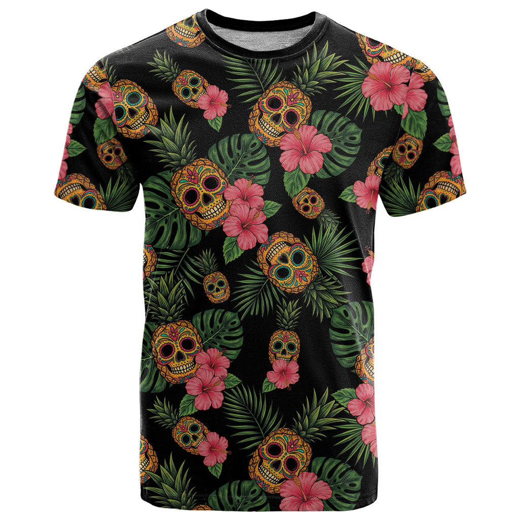 Tropical Calavera Hawaiian T Shirt Sugar Skull Pineapple Hibiscus Floral