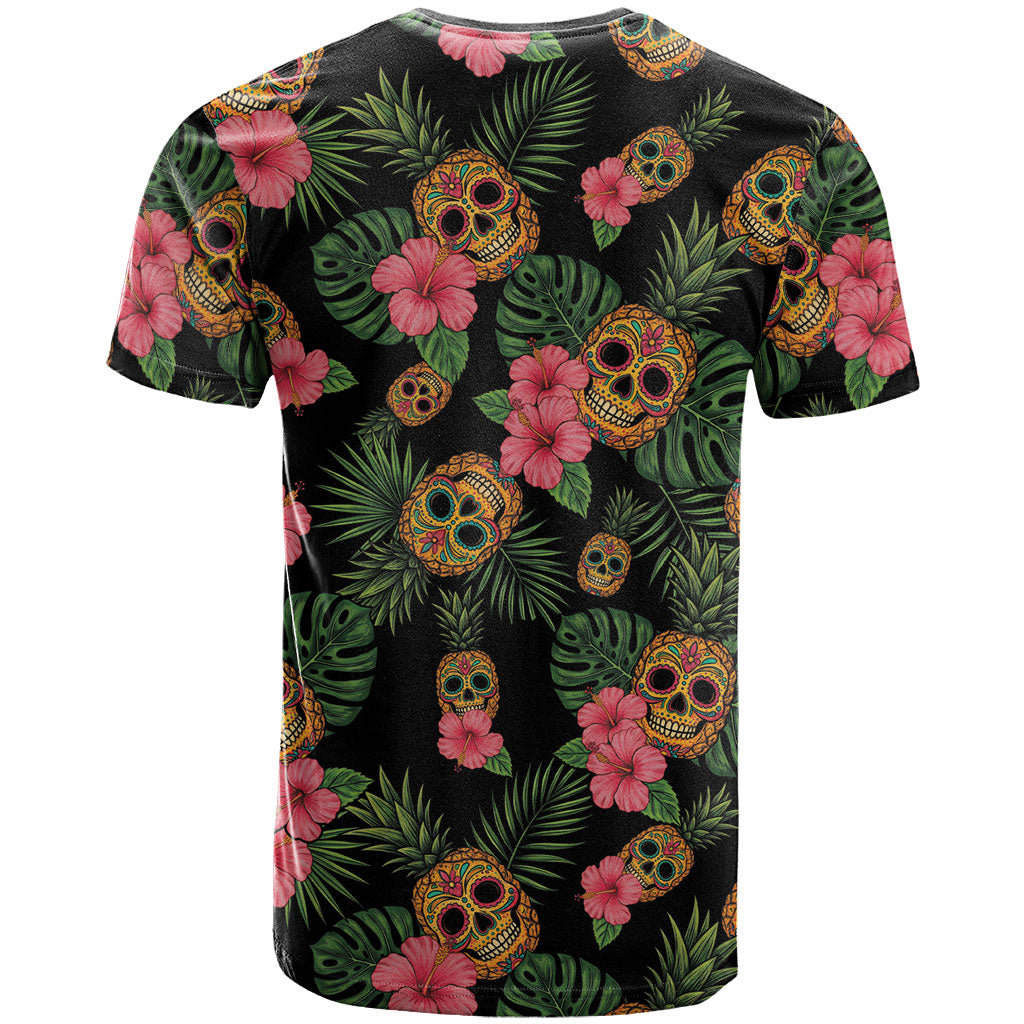 Tropical Calavera Hawaiian T Shirt Sugar Skull Pineapple Hibiscus Floral