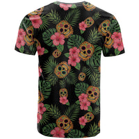 Tropical Calavera Hawaiian T Shirt Sugar Skull Pineapple Hibiscus Floral